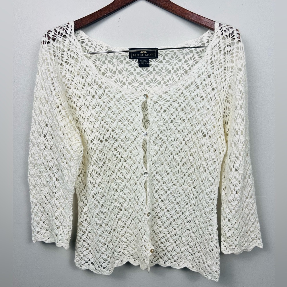 Vintage British Khaki 90’s Open-Knit Cardigan – Size XL - Picture 3 of 10